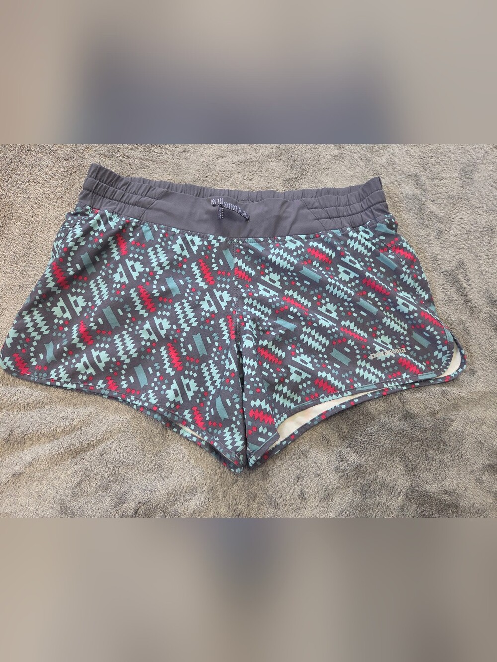 Patagonia Patterned Athletic Shorts in Gray, Teal, and Red
